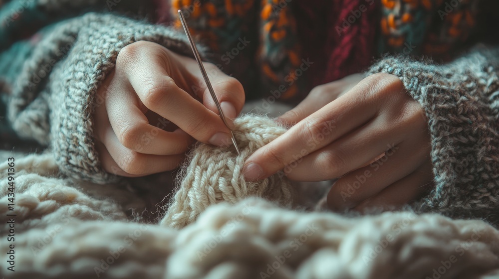 Close-up of hands knitting a warm, textured garment. Close-up of hands knitting a warm, textured garment.
