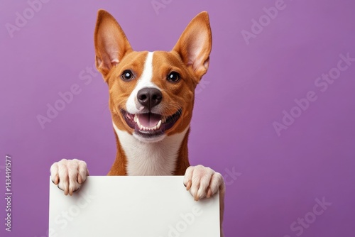Studio concept for mascot. Ð¡ute adult dog basenji hold in front paws a template - large white way sign. Puppy sign photo. Isolated dog on a solid clothing purple background. Dog and empty si.