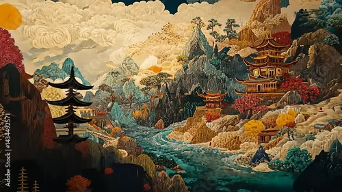 Majestic oriental landscape featuring ornate pagodas and serene flowing river valley