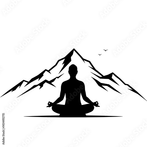 Meditating Person Yoga Lotus Pose Mountain Peak Silhouette Vector