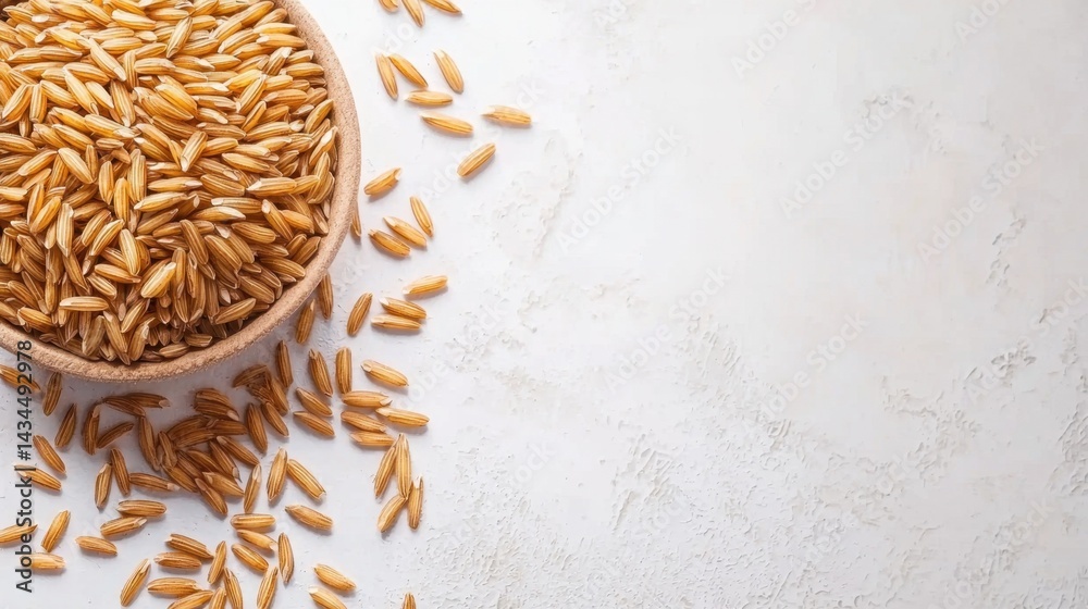 Fototapeta premium Brown rice grains in a bowl scattered on a light background in a kitchen setting
