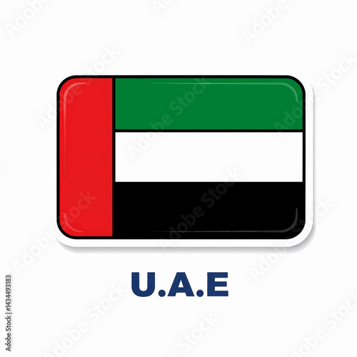 A clear digital illustration of the rectangular flag of U.A.E. Below the flag, the word "U.A.E" is written on a white background. Vector illustration.