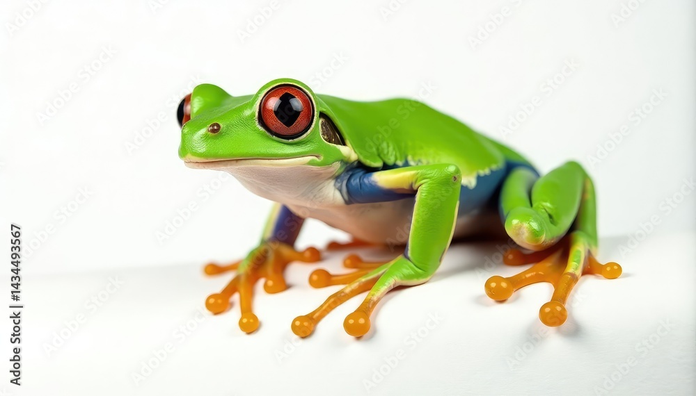Obraz premium Green tree frog perched on white, vibrant skin, one, reptile