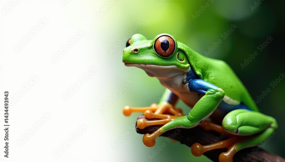 Naklejka premium Green tree frog perched on white, vibrant details, reptile, reptile photography, white background