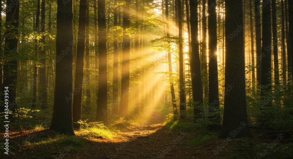 Obraz premium Sunlight shines through trees in a forest creating a bright light effect.