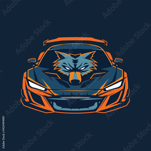 Create a flat color logo with images of a wolf in a GT racing car 