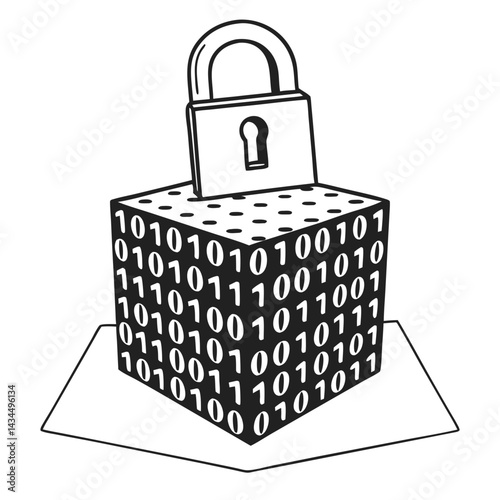  3d cube of binary numbers with lock hovering vector icon. Binary cube encryption logo