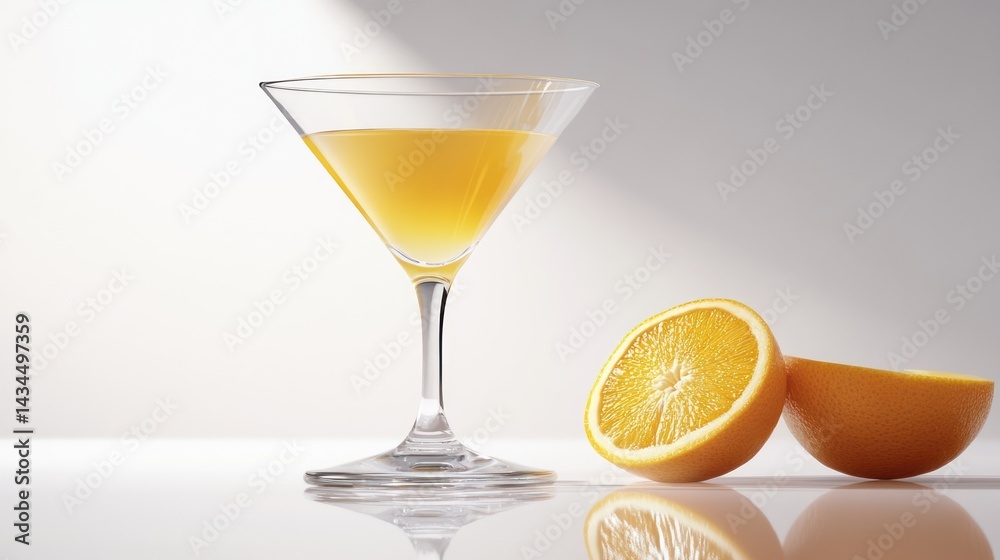 Orange juice in martini glass, sliced oranges, bright background; healthy drink advertisement Orange juice in martini glass, sliced oranges, bright background; healthy drink advertisement