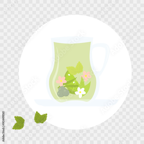 A cup of tea, green tea in a glass cup with a saucer. Vector illustration.