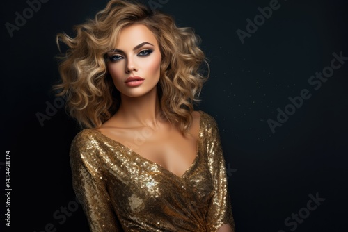 A glamorous blonde woman with curly hair, wearing a gold sequined dress, poses against a dark background.