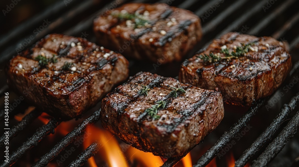 Four grilled steaks on a grill with flames visible. Four grilled steaks on a grill with flames visible.