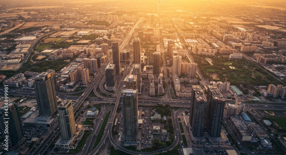 Obraz premium Aerial View of City at Sunset with Golden Hour Lighting