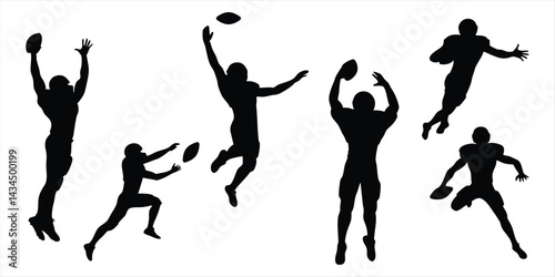 Sports silhouettes of athletes jumping and playing with ball, american football