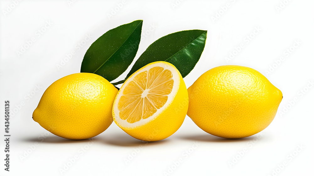 Three Ripe Lemons with Green Leaves on White Background Three Ripe Lemons with Green Leaves on White Background