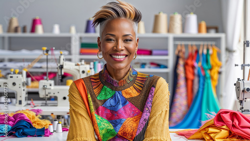 Stylish mature positive African American woman fashion designer in studio