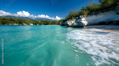 Tranquil Tropical Beach Scene with Turquoise Water and White Sand