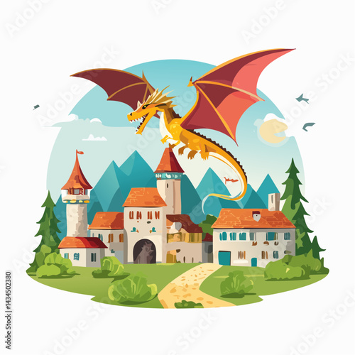 A dragon flying over a medieval village.

