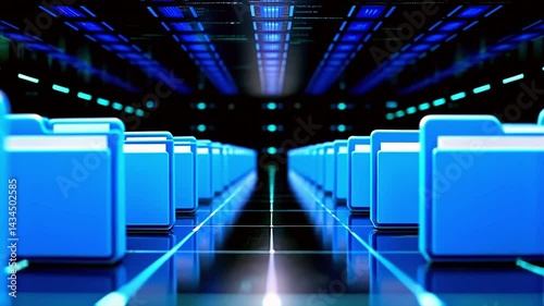 Advanced digital file storage system featuring glowing blue folders in a futuristic virtual data center, symbolizing data management, cloud computing, security