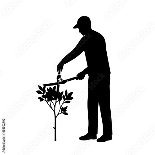 Gardener Pruning Shrub with Shears Silhouette Vector for Plant Care