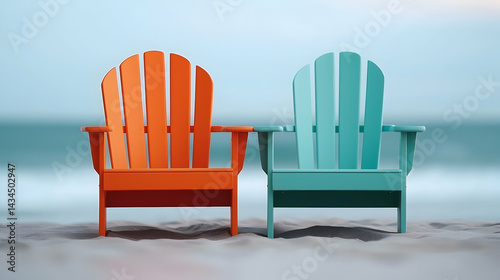 Two Colorful Adirondack Chairs on Sandy Beach