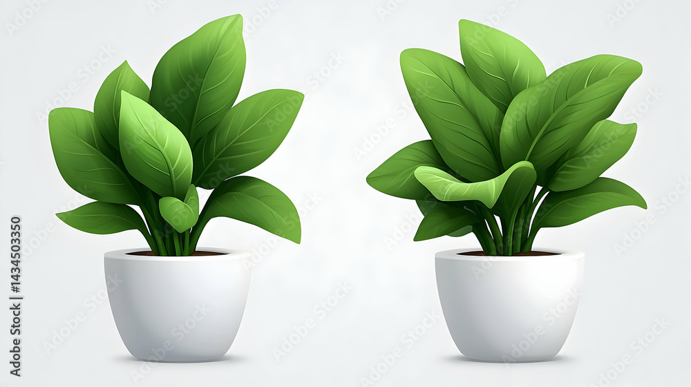 Two Golden Pothos Plants in White Pots, Digital Illustration