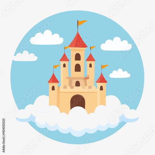 A floating castle in the sky surrounded by clouds.
