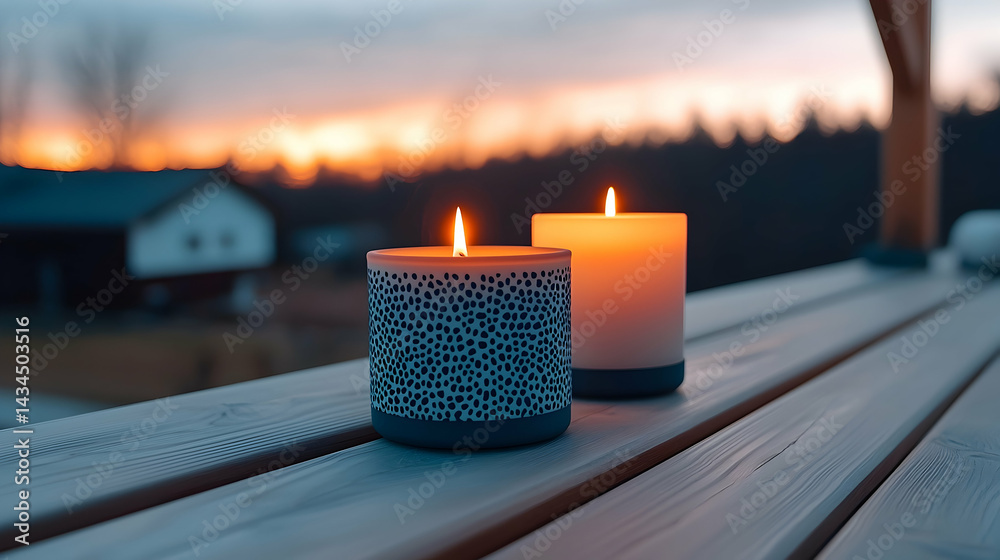 Two Illuminated Candles on Wooden Deck at Sunset