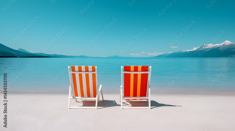 Two Orange and White Striped Beach Chairs on Sandy Shore with Calm Lake and Mountain View