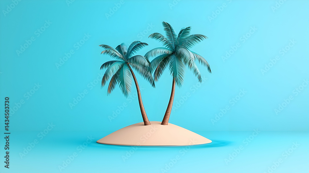Two Palm Trees on a Sandy Island in a Blue Ocean