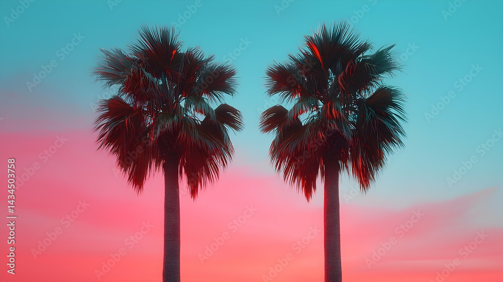 Two Palm Trees Silhouetted Against a Vibrant Pink and Blue Sunset Over Mountains