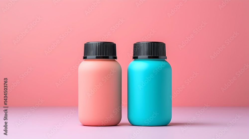 Two Pastel-Colored Bottles on Pink Background