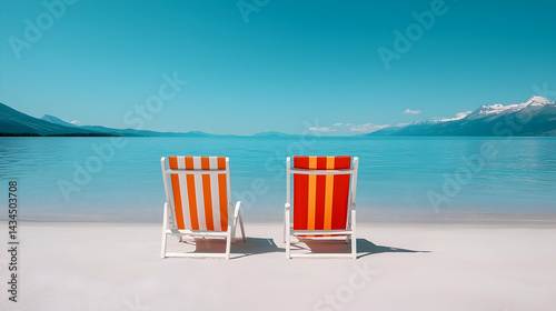 Obraz na płótnie Two Orange and White Striped Beach Chairs on Sandy Shore with Calm Lake and Mountain View w salonie