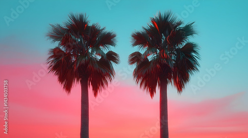 Obraz na płótnie Two Palm Trees Silhouetted Against a Vibrant Pink and Blue Sunset Over Mountains w salonie