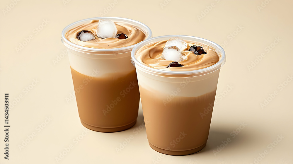 Two Plastic Cups of Cold Coffee with Ice Cubes on Beige Background
