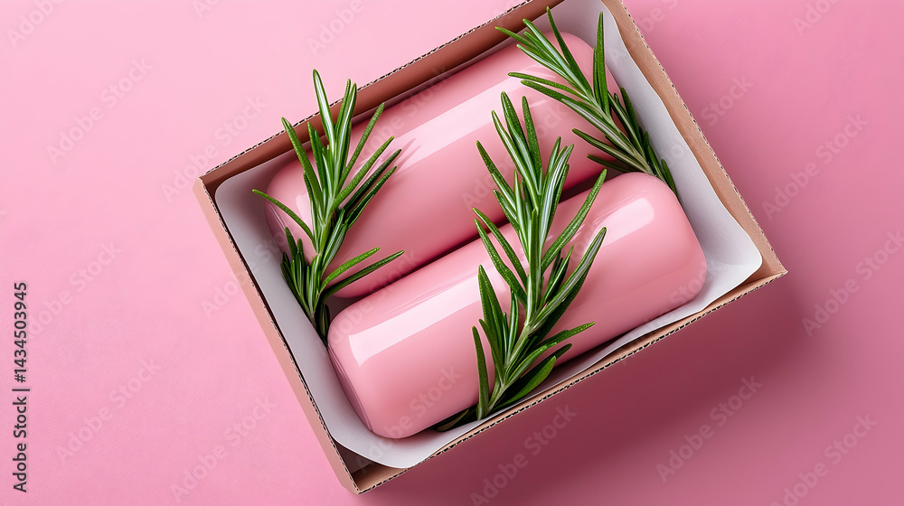 Two Pink Cylindrical Products in a Pink Box with Rosemary