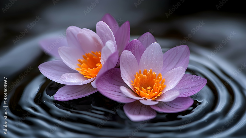 Two Purple Water Lilies Floating on Dark Water