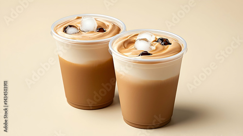 Obraz na płótnie Two Plastic Cups of Cold Coffee with Ice Cubes on Beige Background w salonie