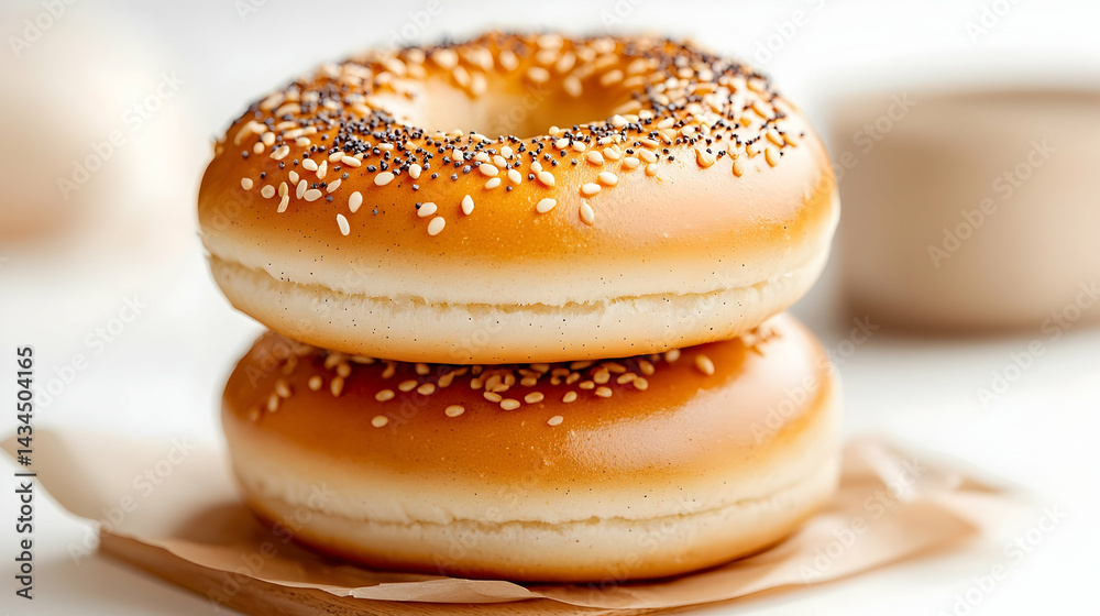Two Sesame and Poppy Seed Bagels on White Background
