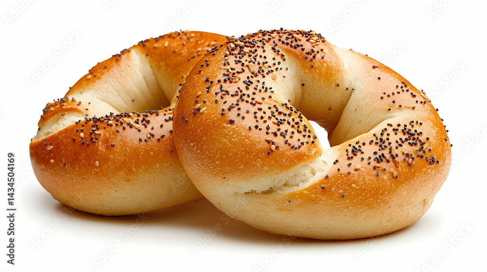 Two Sesame and Poppy Seed Bagels on White Background