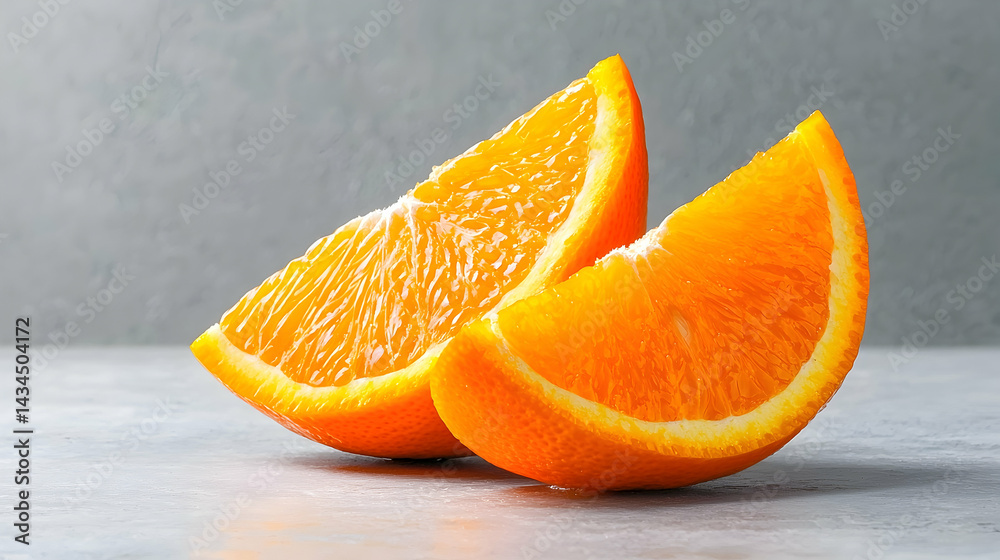 Two Slices of Juicy Orange on Grey Surface