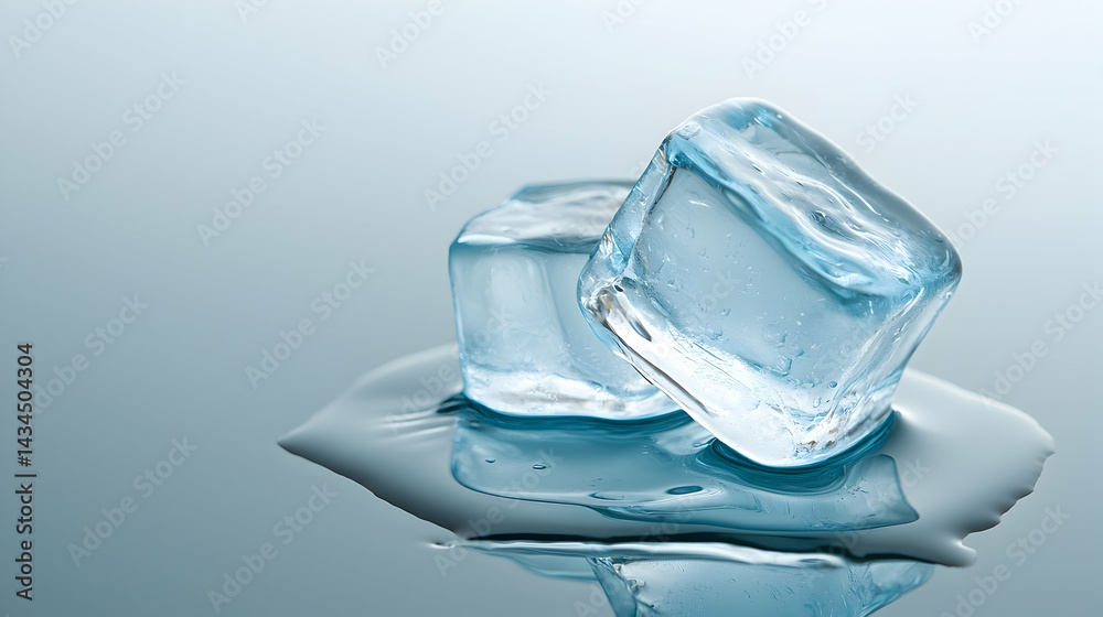 Two Translucent Blue Ice Cubes Melting on Reflective Surface