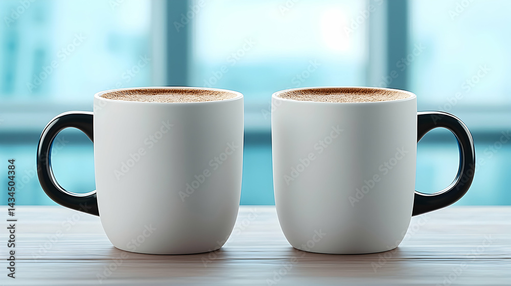 Two White Coffee Mugs with Black Handles on Wooden Table Winter Setting