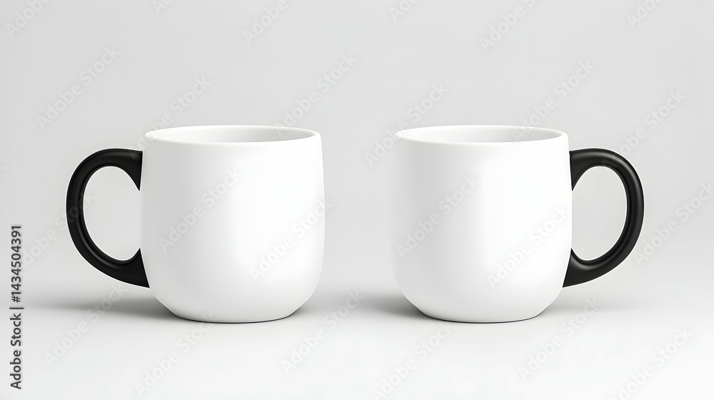 Two White Mugs with Black Handles on Neutral Background