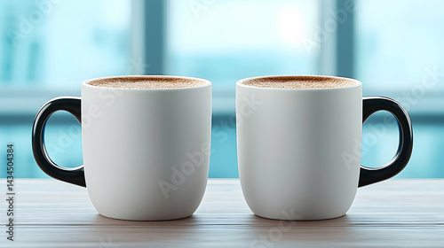 Obraz na płótnie Two White Coffee Mugs with Black Handles on Wooden Table Winter Setting w salonie