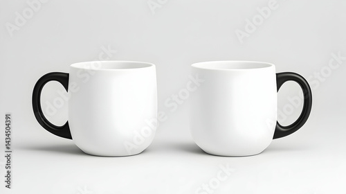 Obraz na płótnie Two White Mugs with Black Handles on Neutral Background w salonie