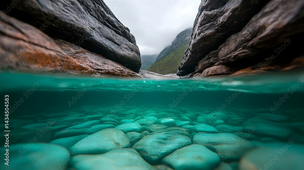 Underwater View of Teal Stones and Rocks in a Mountain River