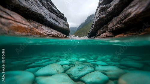 Obraz na płótnie Underwater View of Teal Stones and Rocks in a Mountain River w salonie