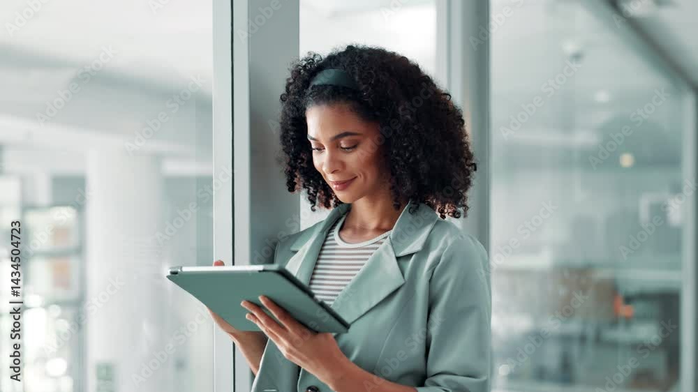 Business, smile and woman in office, tablet and digital app for editing, proofreading and email. Person, copywriting or journalist with tech, idea or thinking with research for article or news report