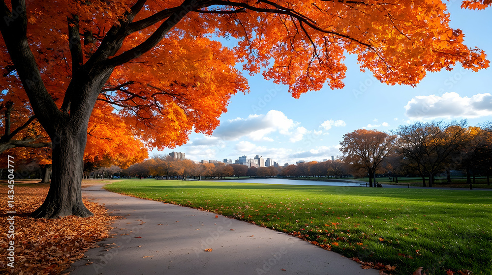 Vibrant Autumn Landscape with Colorful Foliage and a Sunny Sky