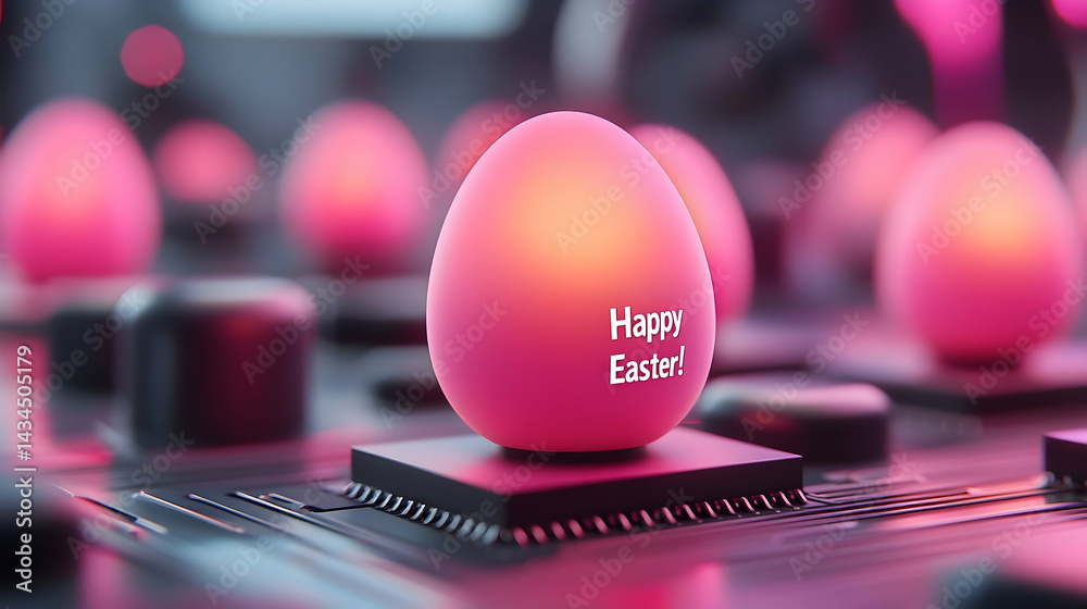 Vibrant Neon Pink Easter Eggs on Digital Circuit Board